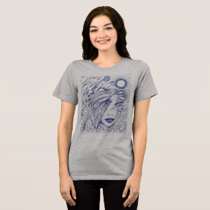 Celestial Harmony: Blue Ink Line Art Portrait Tri-Blend Shirt