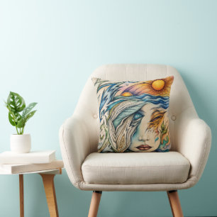 Celestial Harmony: Sun and Sea Abstract Portrait Cushion