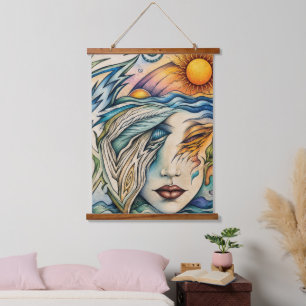 Celestial Harmony: Sun and Sea Abstract Portrait Hanging Tapestry