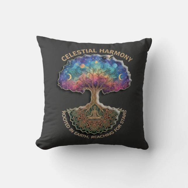 Celestial Harmony Tree - Cosmic Meditation Mandala Cushion (Front)