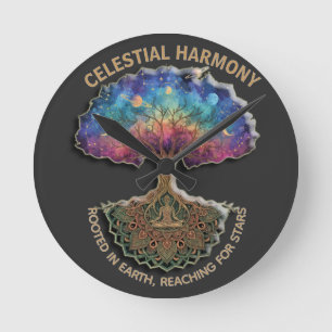 Celestial Harmony Tree   Cosmic Meditation Mandala Round Clock