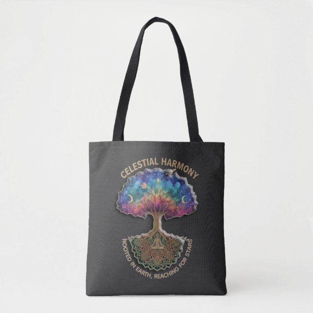 Celestial Harmony Tree - Cosmic Meditation Mandala Tote Bag (Front)