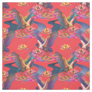 Celestial Ibis and Lily Pond on Coral Red  Fabric