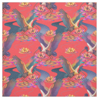 Celestial Ibis and Lily Pond on Coral Red  Fabric