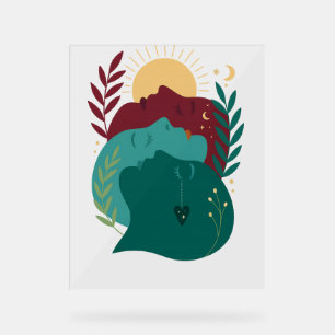 Celestial Kin Abstract Faces, Boho Sun Moon Botani Acrylic Sign