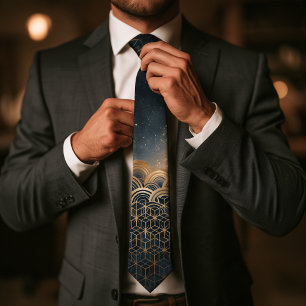 Celestial Kinetic Op Art Gold Geometric Midnight  Tie
