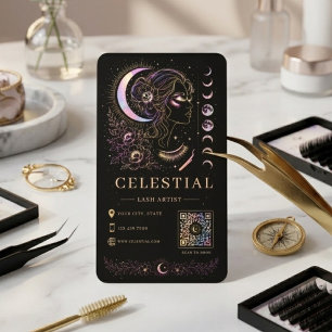 Celestial Lash Artist Luxury Black Gold QR Beauty Business Card