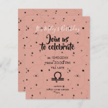 celestial Libra rose black stars birthday invite 