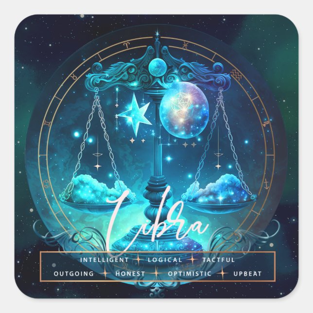 Celestial Libra Symbol Fantasy Ehereal Blue Zodiac Square Sticker (Front)