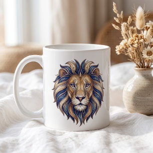 Celestial Lion Mug Gold & Blue Luxury Line Art