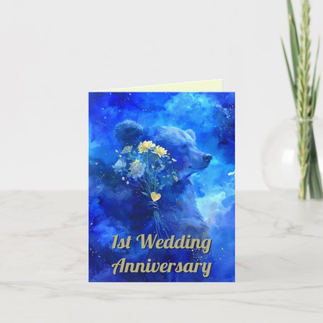 Celestial Love Bear Stars 1st Wedding Anniversary Card (Front)
