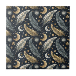 Celestial Magic Feathers Gold Moon & Stars Pattern Tile