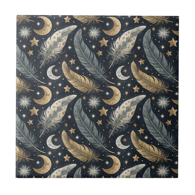 Celestial Magic Feathers Gold Moon & Stars Pattern Tile (Front)