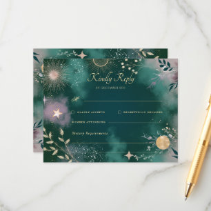 Celestial Magic Moon & Stars Emerald RSVP Wedding Enclosure Card