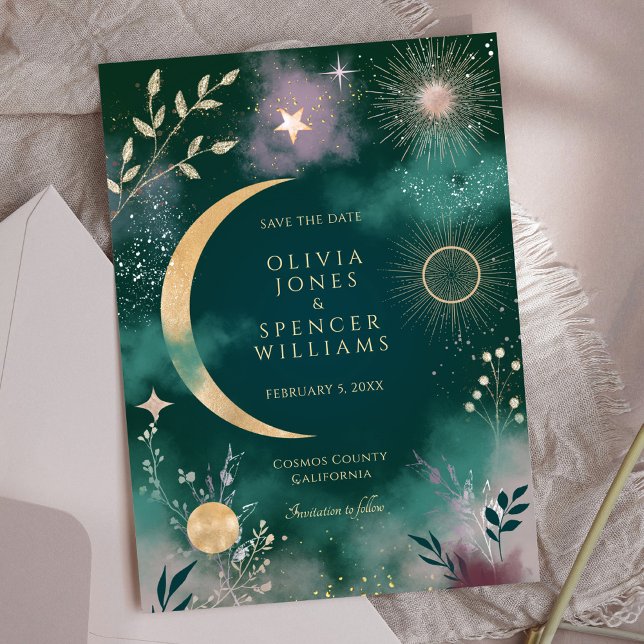 Celestial Magic Moon & Stars Emerald Save The Date Invitation (Creator Uploaded)