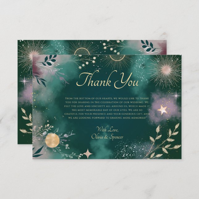 Celestial Magic Moon & Stars Emerald Wedding Thank You Card (Front/Back)