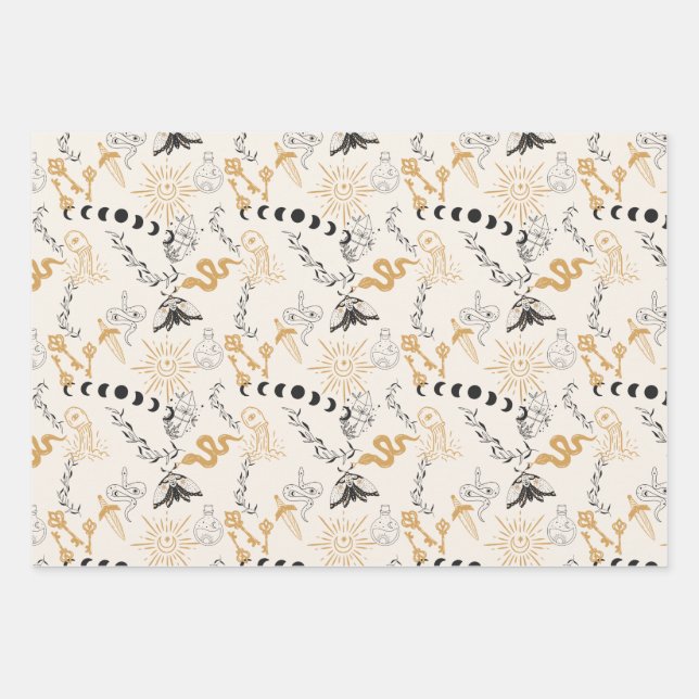 Celestial Magic Witchy Gold Grey & Blue Wrapping Paper Sheet (Front)