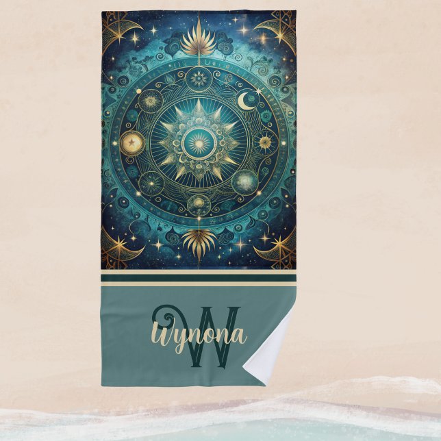 Celestial Mandala Moon Galaxy Teal Gold Monogram Beach Towel (Creator Uploaded)