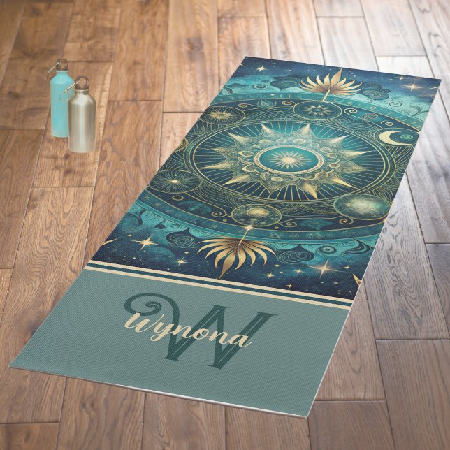 Celestial Mandala Moon Galaxy Teal Gold Monogram Yoga Mat (Creator Uploaded)