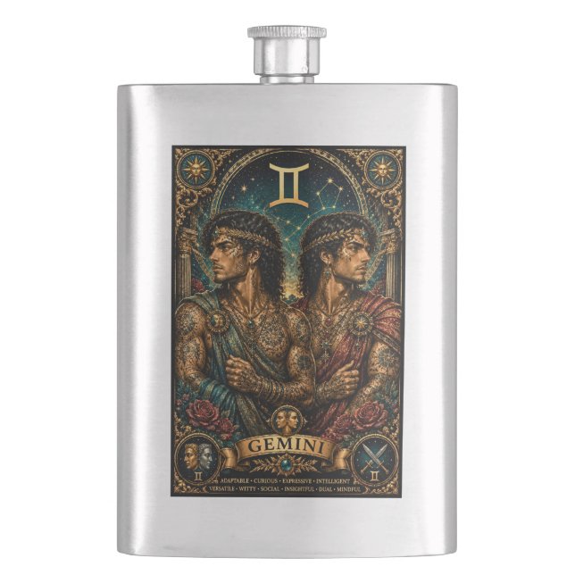  Celestial Masculine Zodiac Gemini design Hip Flask (Front)
