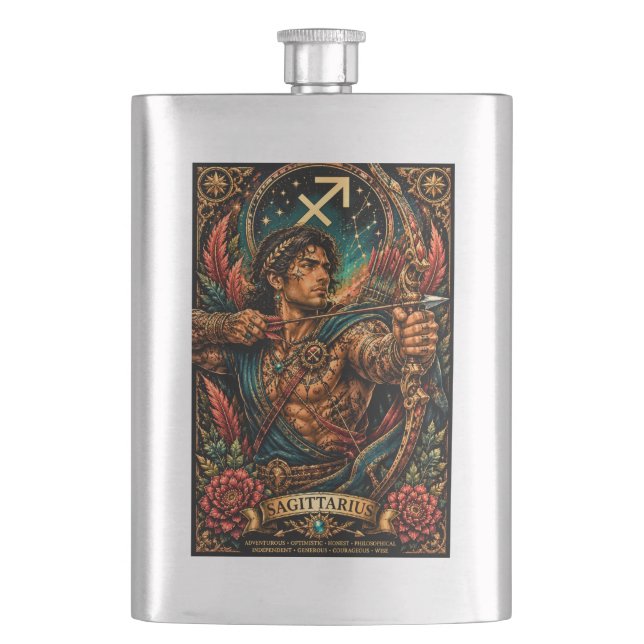  Celestial Masculine Zodiac Sagittarius design Hip Flask (Front)