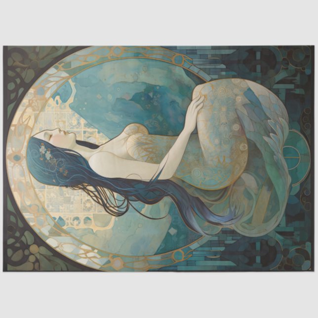 Celestial Mermaid Neutral Retro Deco Art Decoupage Tissue Paper (Front)