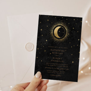 Celestial Midnight Black Stars Moon Wedding Invitation