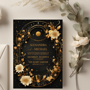 Celestial Midnight Black Stars Moon Wedding Invitation