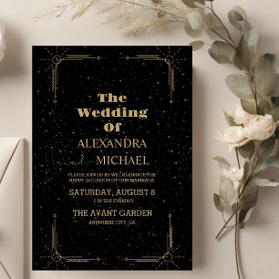 Celestial Midnight Black Stars Moon Wedding Invitation