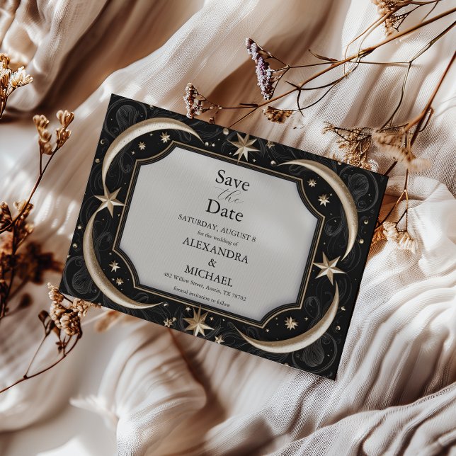 Celestial Midnight Black Stars Moon Wedding Save The Date (Creator Uploaded)