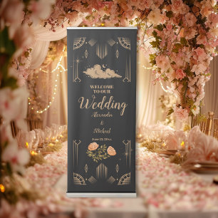 Celestial Midnight Black Stars Wedding Retractable Banner