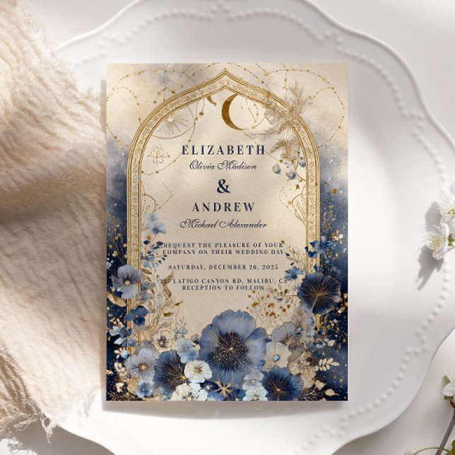 Celestial Midnight Blue and Gold Wedding Invitation (Creator Uploaded)