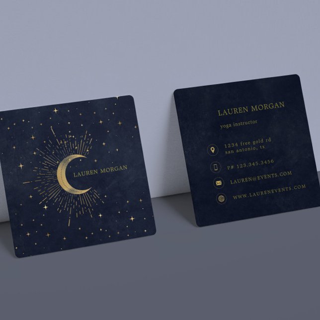 Celestial Midnight Blue Crescent Moon Square Business Card (Creator Uploaded)