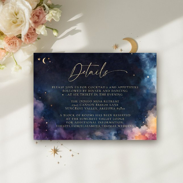 Celestial Midnight Blue Elegant Wedding Details Enclosure Card (celestial wedding details reception card cosmic watercolor starry night sky galaxy universe astrolog)
