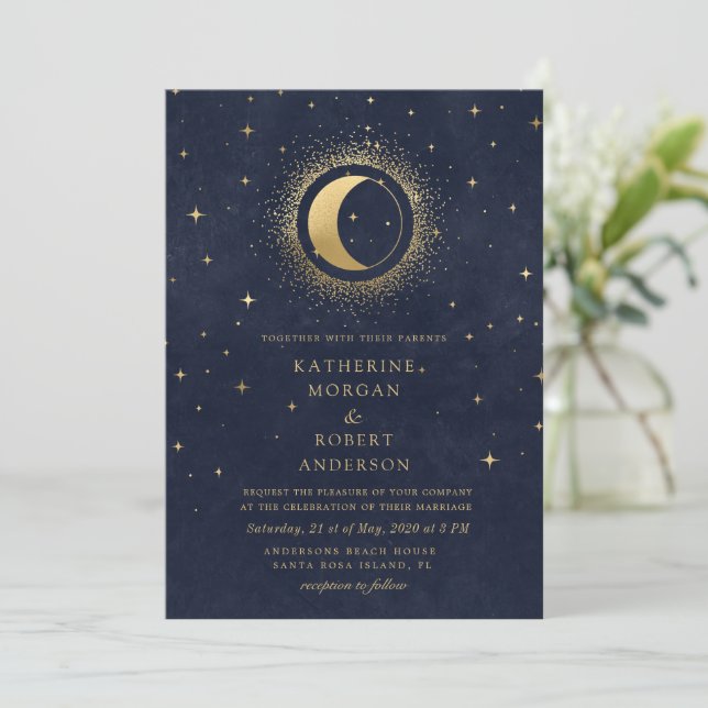 Celestial Midnight Blue English Spanish Wedding Invitation (Standing Front)