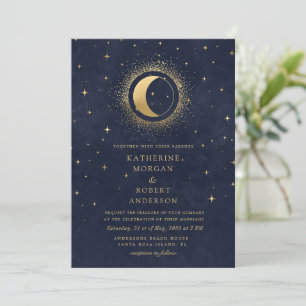Celestial Midnight Blue English Spanish Wedding Invitation