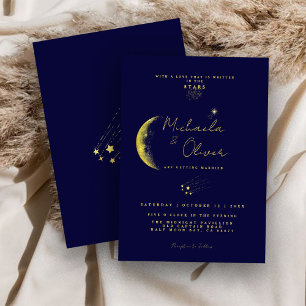 Celestial Midnight Blue Gold Crescent Moon Wedding Invitation