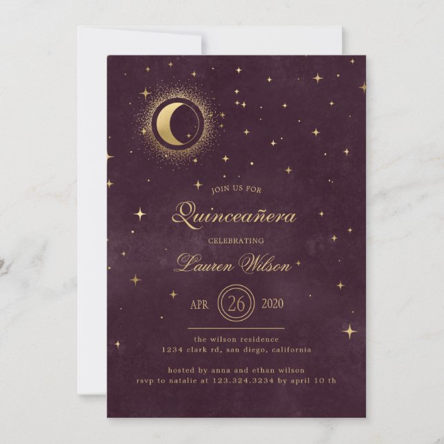 celestial midnight blue gold stars Quinceanera Inv Invitation (Front)