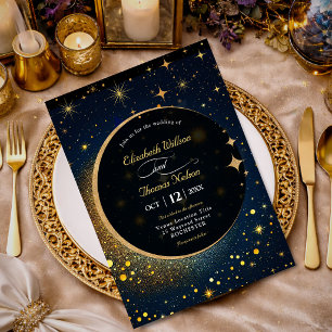 Celestial Midnight Blue Halo Stars Moon Wedding Invitation