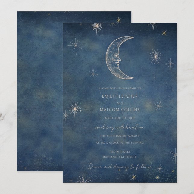 Celestial Midnight Blue Moon Stars Wedding Invitation (Front/Back)