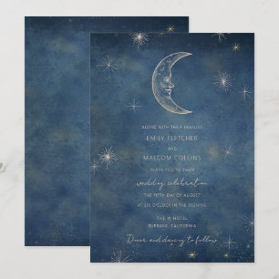 Celestial Midnight Blue Moon Stars Wedding Invitation