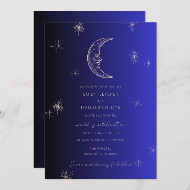 Celestial Midnight Blue Moon Stars Wedding Invitation (Front/Back)