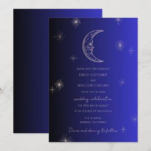 Celestial Midnight Blue Moon Stars Wedding Invitation