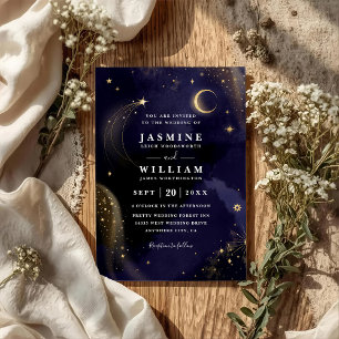 Celestial Midnight Blue Stars Moon QR Code Wedding Invitation