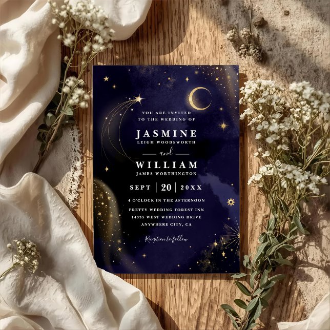 Celestial Midnight Blue Stars Moon QR Code Wedding Invitation (Creator Uploaded)