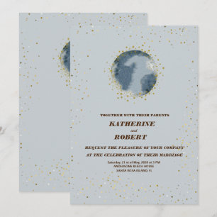 celestial midnight blue stars moon Wedding Invita Invitation