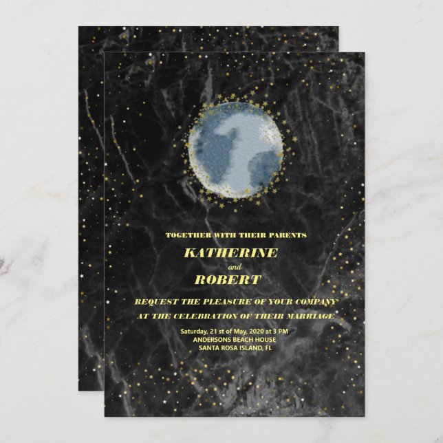 celestial midnight blue stars moon Wedding  Invita Invitation (Front/Back)