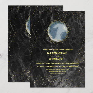 celestial midnight blue stars moon Wedding  Invita Invitation