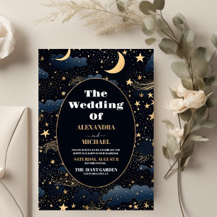 Celestial Midnight Blue Stars Moon Wedding Invitation