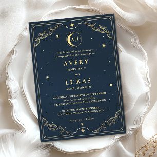 Celestial Midnight Blue Stars Moon Wedding Invitation